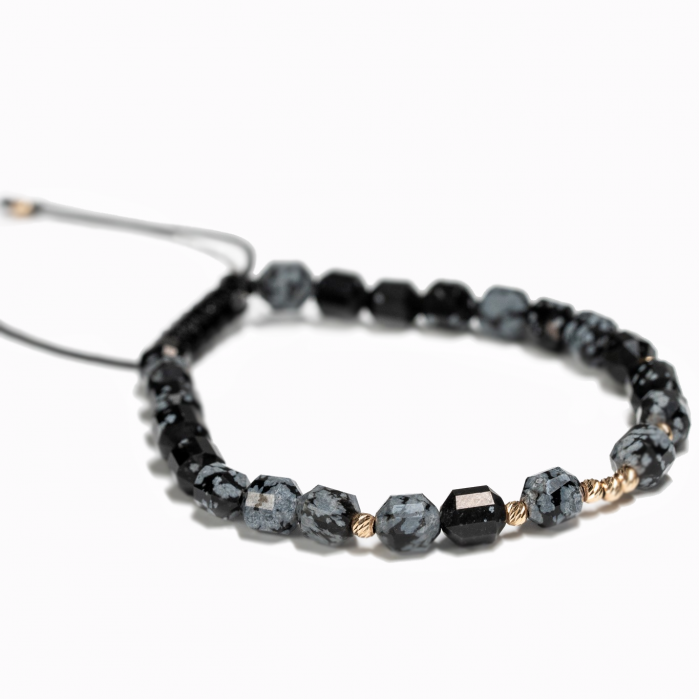 Bratara cu 9 bile de Aur 14k si pietre semipretioase Obsidian butoiase fatetate AU0020 [2]