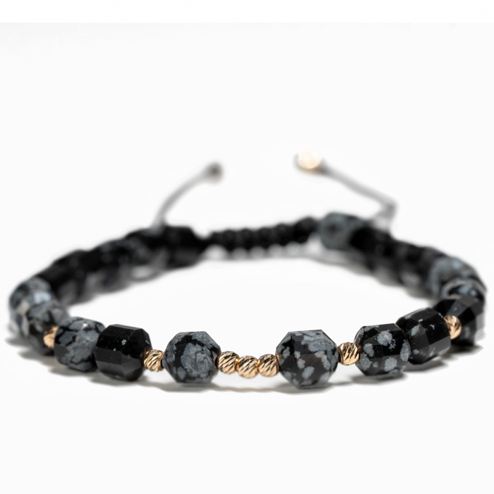 Bratara cu 9 bile de Aur 14k si pietre semipretioase Obsidian butoiase fatetate AU0020 [1]