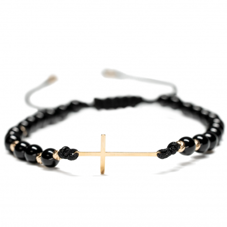 Bratari cu bile de Aur - Bratara cu bile de Aur 14k, Cruce din Aur 14k si pietre semipretioase Onix AU0049