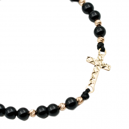 Bratara cu bile de Aur 14k, Cruce fatetata din Aur 14k si pietre semipretioase Onix negru AU0128 [2]