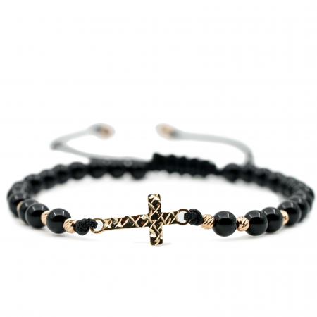 Bratari cu bile de Aur - Bratara cu bile de Aur 14k, Cruce fatetata din Aur 14k si pietre semipretioase Onix negru AU0128