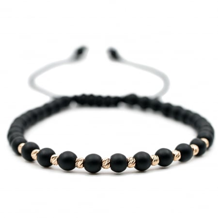 Bratari cu bile de Aur Femei - Bratara cu bile de Aur 14k si pietre semipretioase Onix negru mat AU0098