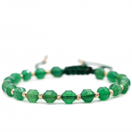Bratari cu bile de Aur - Bratara cu bile de Aur 14k si pietre semipretioase Agat verde butoiase fatetate AU0124