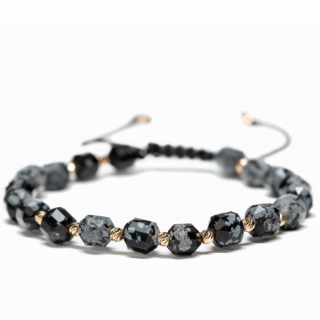 Bratari cu bile de Aur - Bratara cu 20 de bile de Aur 14k si pietre semipretioase Obsidian butoiase fatetate AU0006