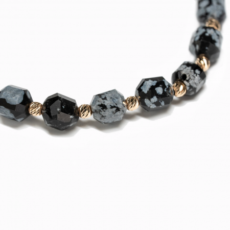 Bratara cu 20 de bile de Aur 14k si pietre semipretioase Obsidian butoiase fatetate AU0006 [2]