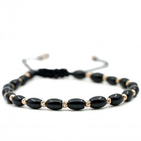 Bratari cu bile de Aur - Bratara cu bile de Aur 14k si pietre semipretioase Onix negru tuburi AU0120