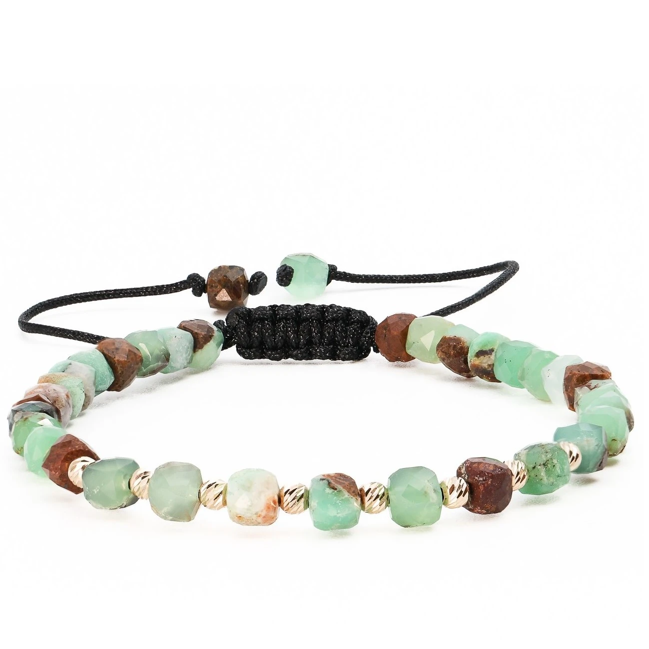 Bratari cu bile de Aur - Bratara cu bile de Aur 14k si Crisopraz & Bronzit cuburi fatetate – AU0169