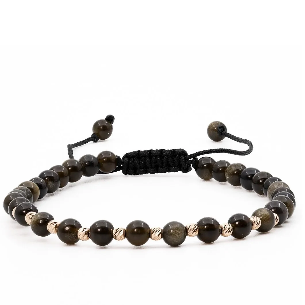 Bratari cu bile de Aur - Bratara cu bile de Aur 14k si Obsidian Auriu – AU0180