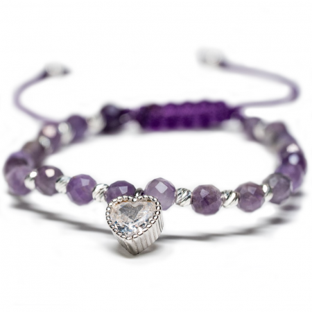 Bijuterii Handmade - Bratara Argint 925 cu Pandantiv Inima, 20 de bile si pietre semipretioase Ametist Handmade-AG0007