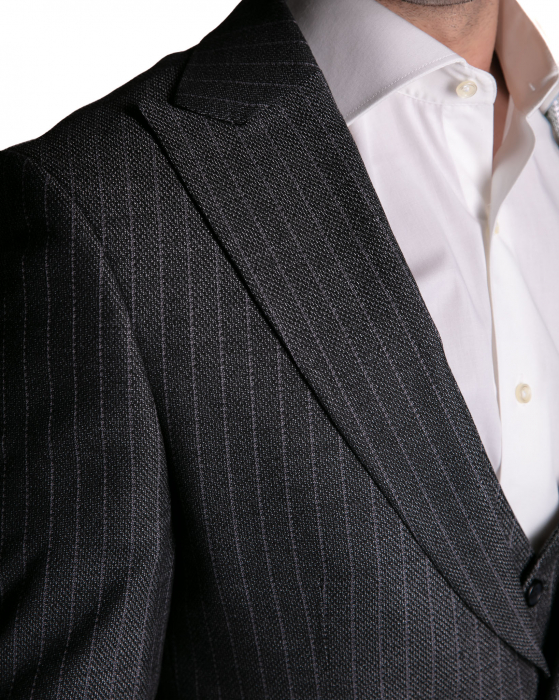 Costum Office Slim Gri Închis Dungat cu Vestă [2]