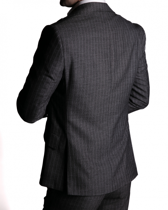 Costum Office Slim Gri Închis Dungat cu Vestă [3]