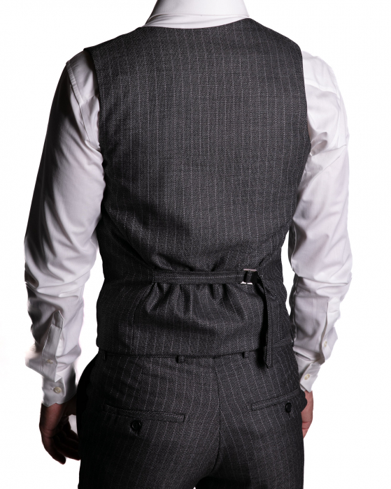 Costum Office Slim Gri Închis Dungat cu Vestă [5]