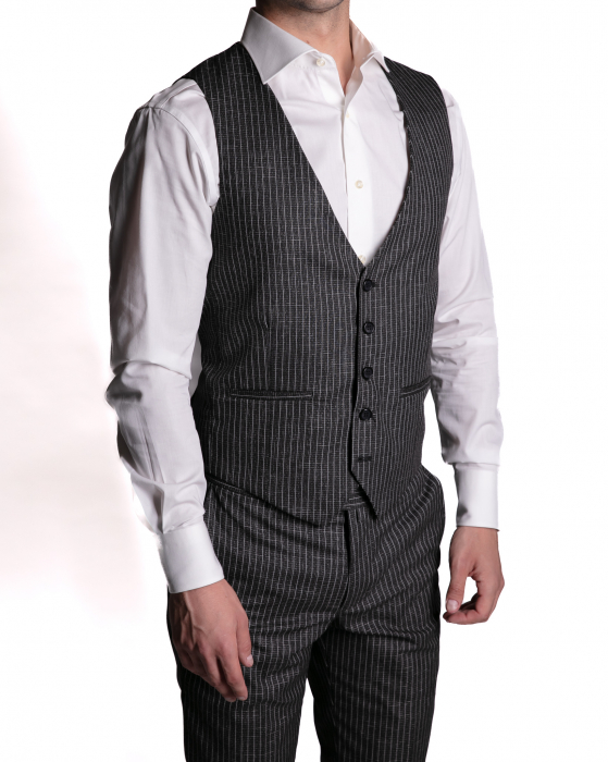 Costum Office Slim Negru Dungat cu Vestă [4]