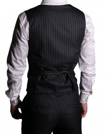 Costum Office Slim Negru cu Vestă și Dungi Albastre [4]