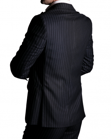 Costum Office Slim Negru cu Vestă și Dungi Albastre [2]