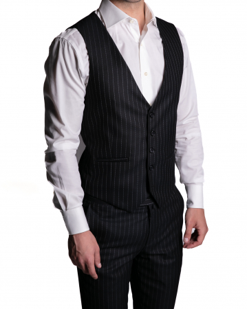Costum Office Slim Negru cu Vestă și Dungi Albastre [3]