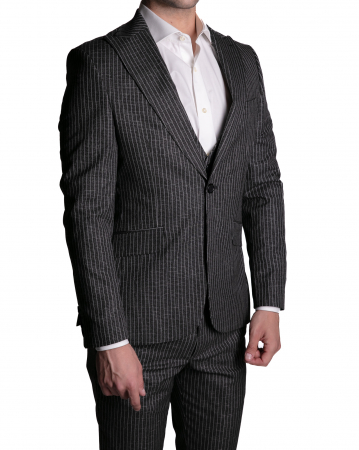 Costume - Costum Office Slim Negru Dungat cu Vestă