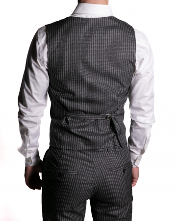 Costum Office Slim Negru Dungat cu Vestă [4]