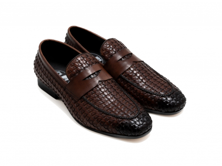 Pantofi - Loafers din piele maro împletită