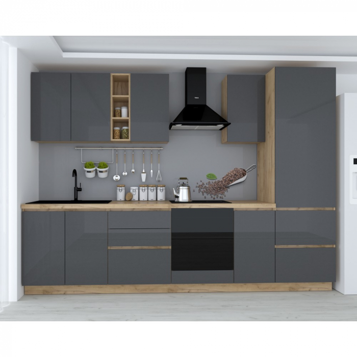 BUCATARIE CHELSEA 3M, 300X60X215 CM, STEJAR K003/ANTRACIT [2]