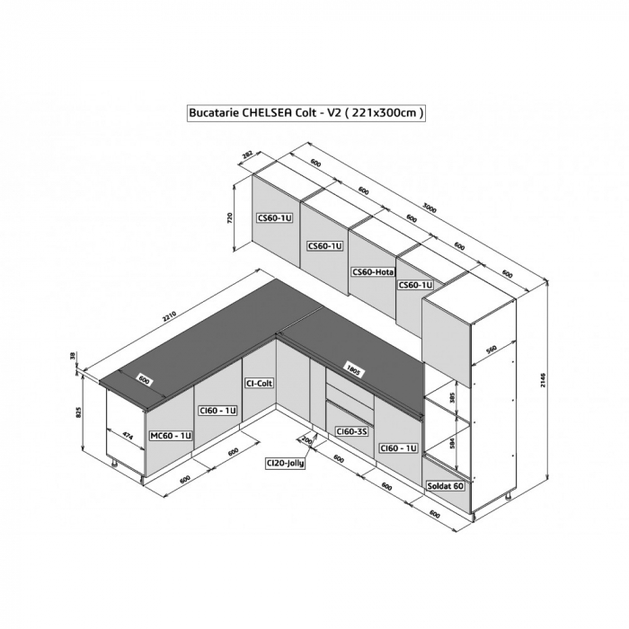 Bucatarie colt Chelsea V2, Gri antracit , Alb + Stejar K003 [2]