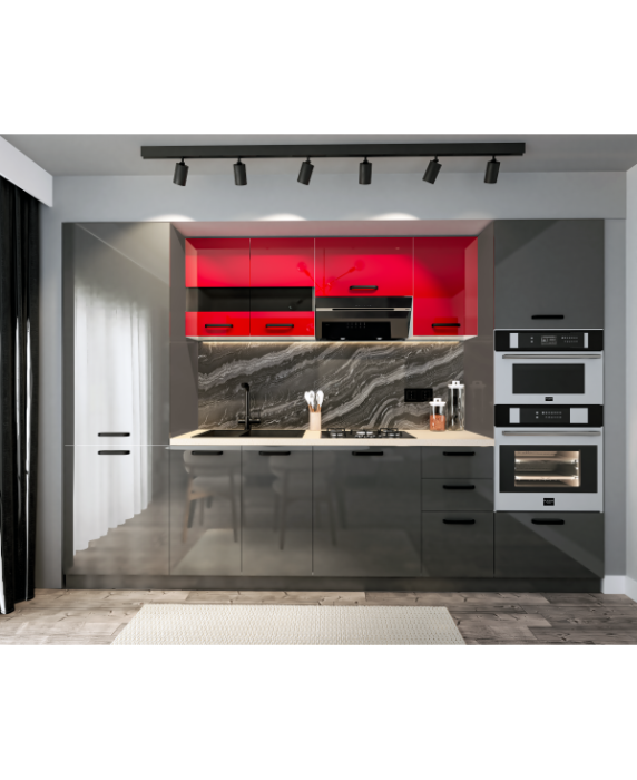 Bucatarie Daria, MDF Rosu+Gri antracit, 303x60x200cm [1]