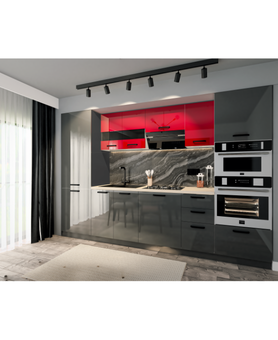 Bucatarie Daria, MDF Rosu+Gri antracit, 303x60x200cm [3]