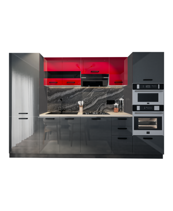 Bucatarie Daria, MDF Rosu+Gri antracit, 303x60x200cm [5]