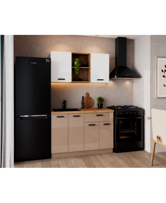 Bucatarie Daria MDF V1, 120x60x200cm, Alb lucios+Cappuccino [2]