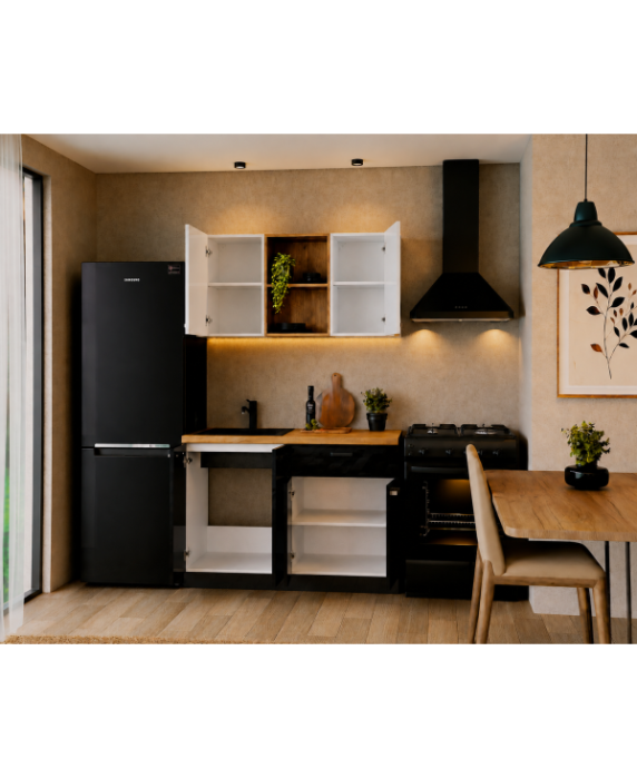 Bucatarie Daria MDF V1, 120x60x200cm, Alb lucios+Negru [3]