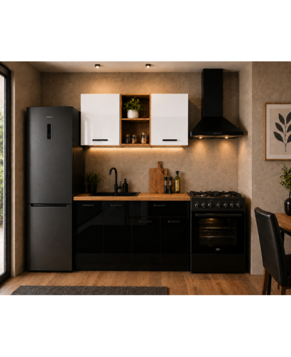 Bucatarie Daria MDF V1, 120x60x200cm, Alb lucios+Negru [2]