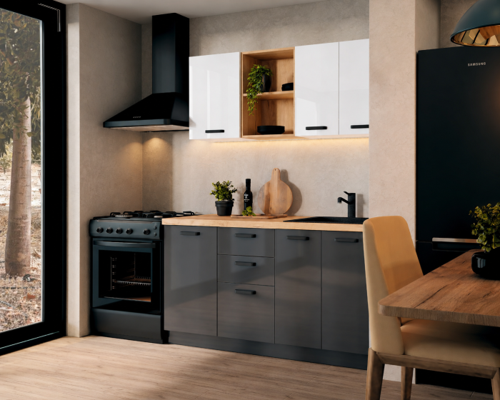 Bucatarie Daria MDF V1, 140x60x200cm, Acril Alb+Antracit [2]