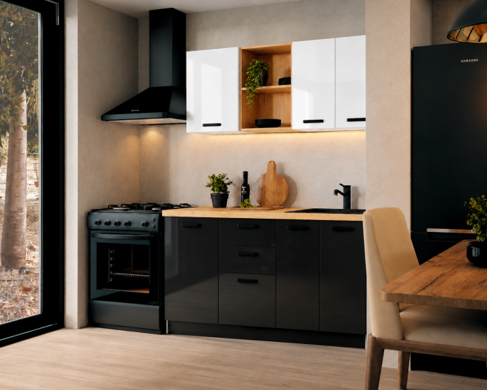 Bucatarie Daria MDF V1, 140x60x200cm, Acril Alb+Negru [2]