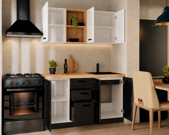 Bucatarie Daria MDF V1, 140x60x200cm, Acril Alb+Negru [3]