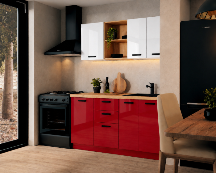 Bucatarie Daria MDF V1, 140x60x200cm, Acril Alb+Rosu [2]