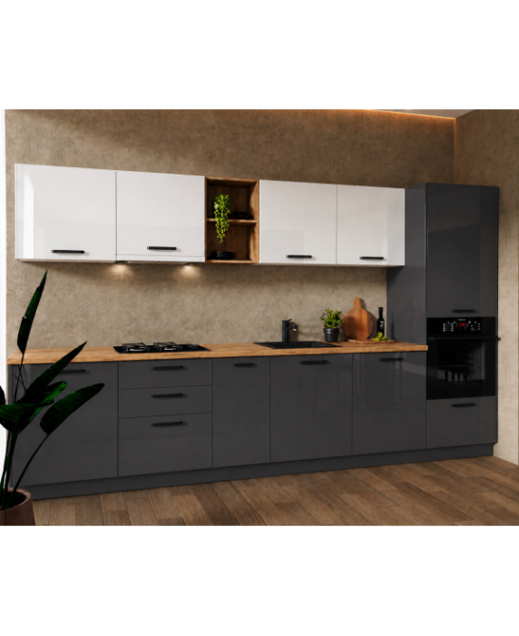 Bucatarie Daria MDF V1, 340x60x200cm, Alb lucios+Antracit [2]