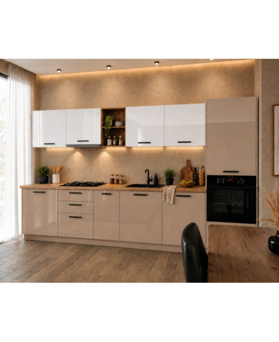 Bucatarie Daria MDF V1, 340x60x200cm, Alb lucios+Cappuccino [3]