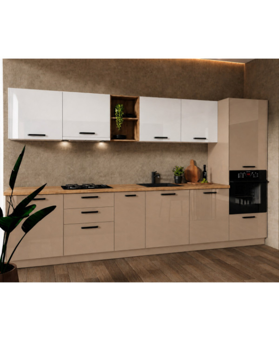 Bucatarie Daria MDF V1, 340x60x200cm, Alb lucios+Cappuccino [2]