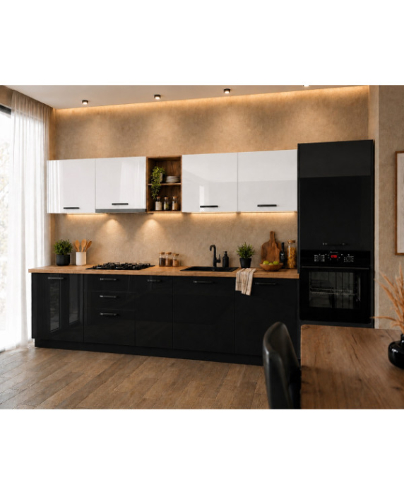 Bucatarie Daria MDF V1, 340x60x200cm, Alb lucios+Negru [3]