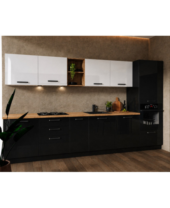 Bucatarie Daria MDF V1, 340x60x200cm, Alb lucios+Negru [2]