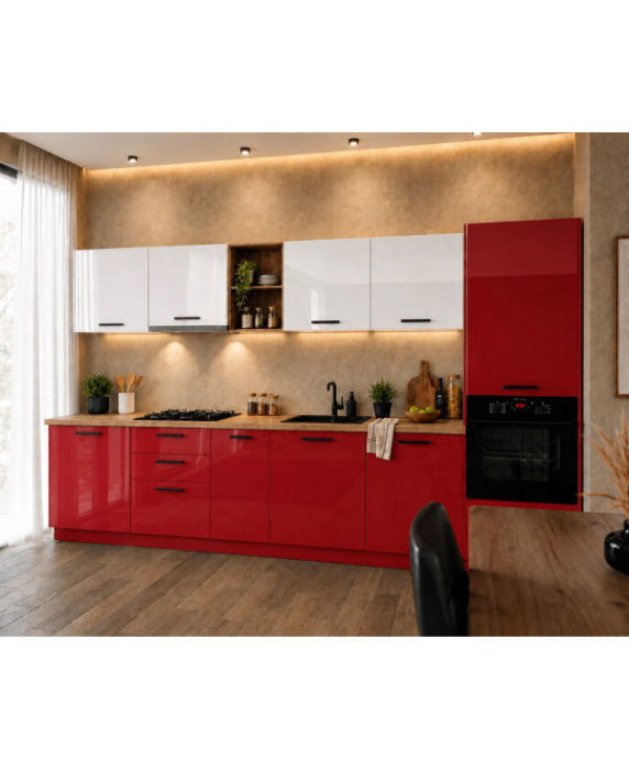 Bucatarie Daria MDF V1, 340x60x200cm, Alb lucios+Rosu [3]