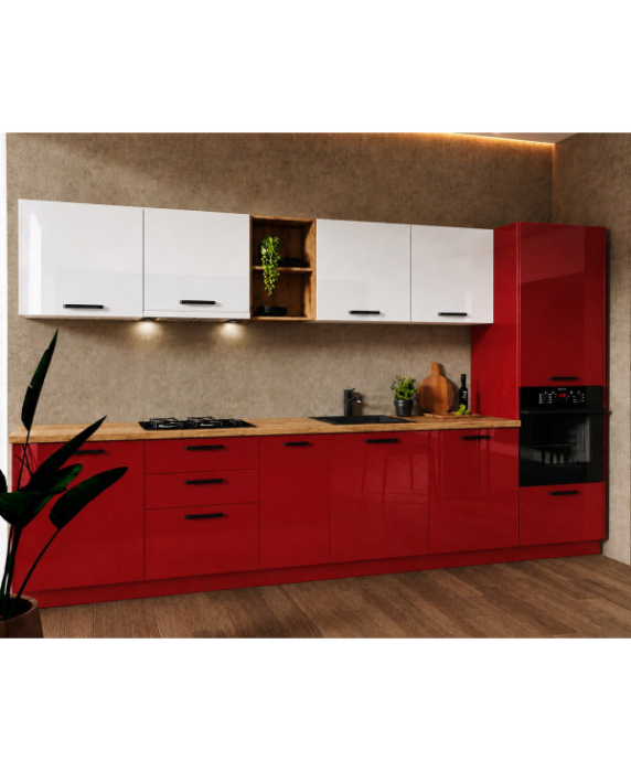 Bucatarie Daria MDF V1, 340x60x200cm, Alb lucios+Rosu [2]
