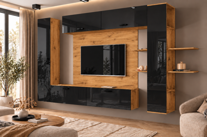 Living MP1 Stejar K003 + Acril alb, negru, antracit K003+NEGRU [3]