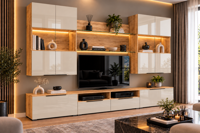 Living MP2 Stejar K003 + Acril negru, antracit, alb, cappuccino K003+CAPPUCCINO [2]