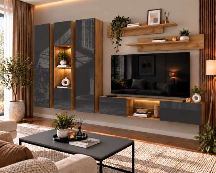 Living MP3 Stejar K003 + Acril cappuccino, alb, negru, antracit K003+ANTRACIT [2]