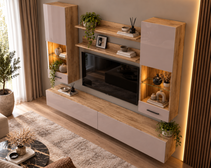 Living MP5 Stejar K003 + Acril alb, Negru, Cappuccino K003+CAPPUCCINO [6]