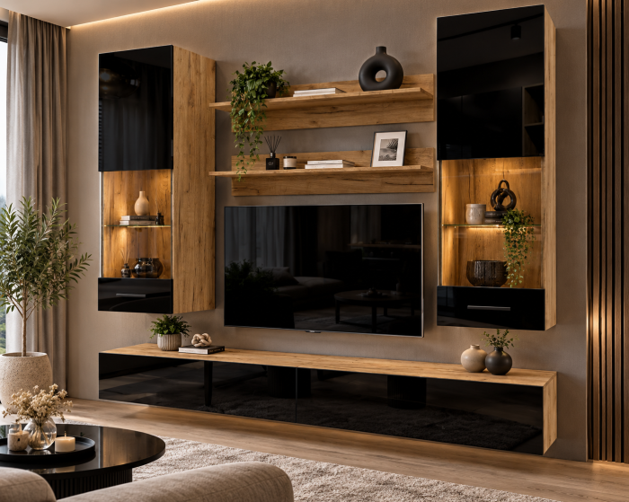 Living MP5 Stejar K003 + Acril alb, Negru, Cappuccino K003+NEGRU [2]