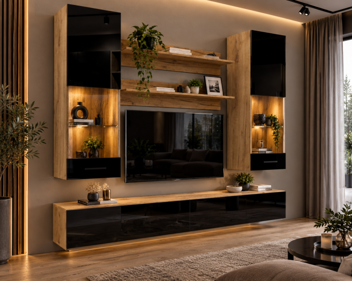Living MP5 Stejar K003 + Acril alb, Negru, Cappuccino K003+NEGRU [3]