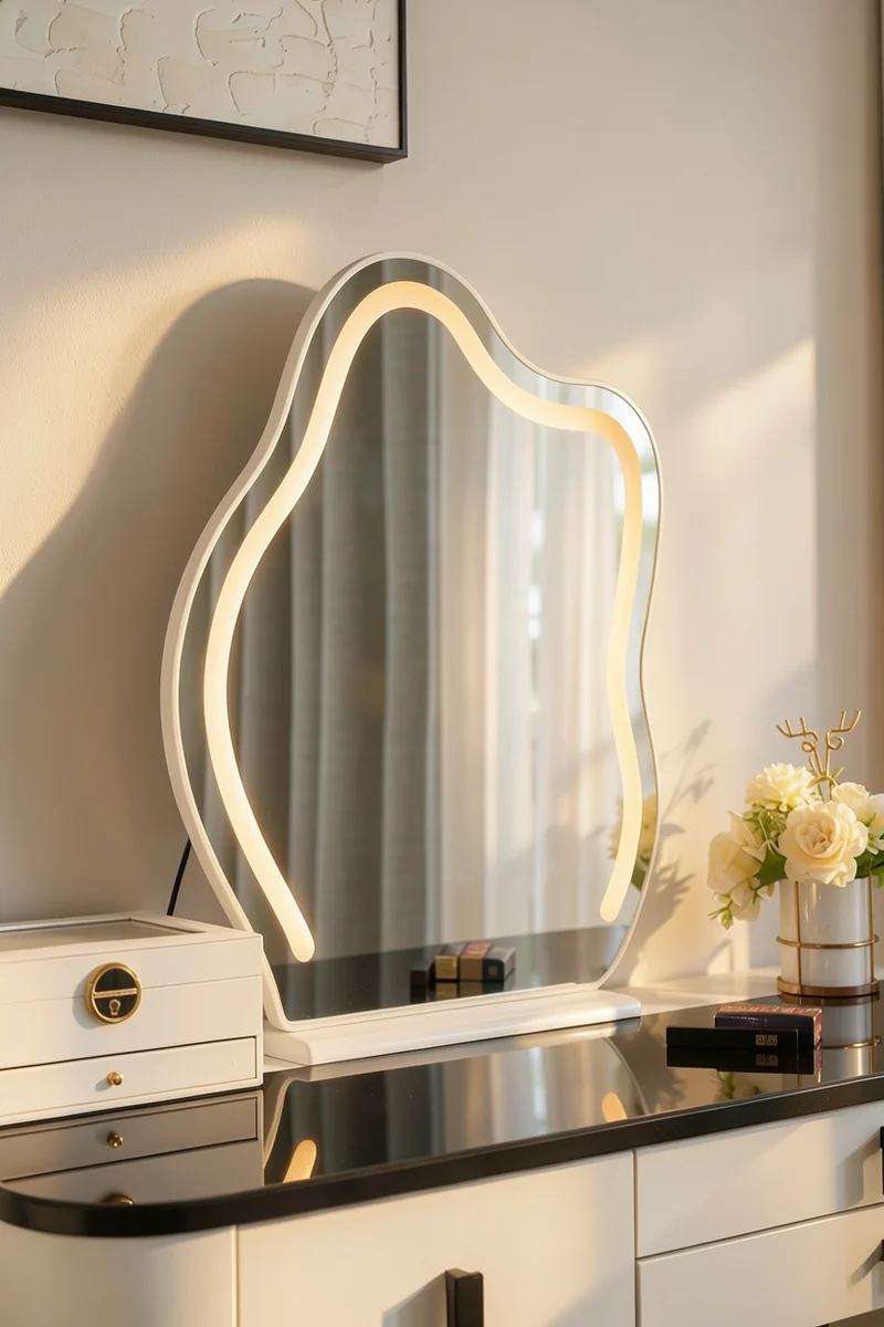 Masă de machiaj Glow MDF cu oglindă LED Incarcare Wireless 140x40x136 cm [3]