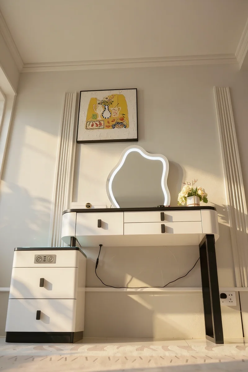 Masă de machiaj Glow MDF cu oglindă LED Incarcare Wireless 140x40x136 cm [2]